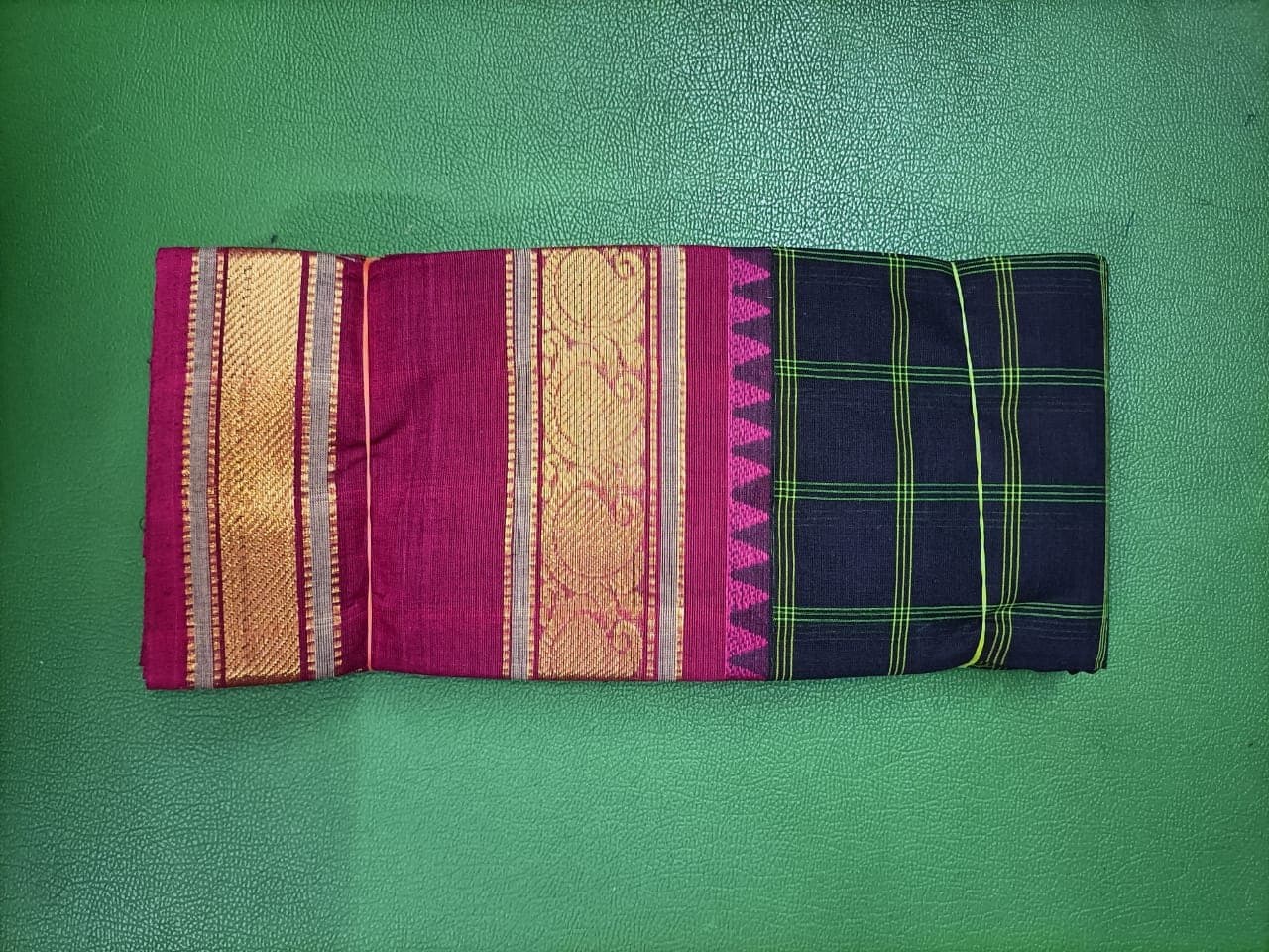 Dark Brown Checked Cotton Saree with Pink Zari Border