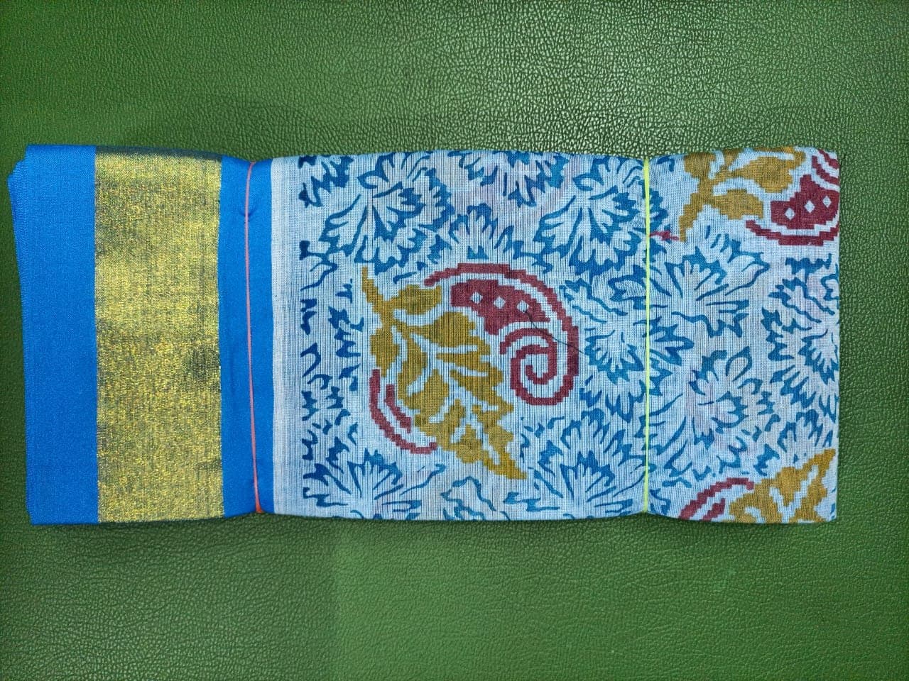 Sky Blue Paisley Printed Cotton Saree with Royal Blue Zari Border