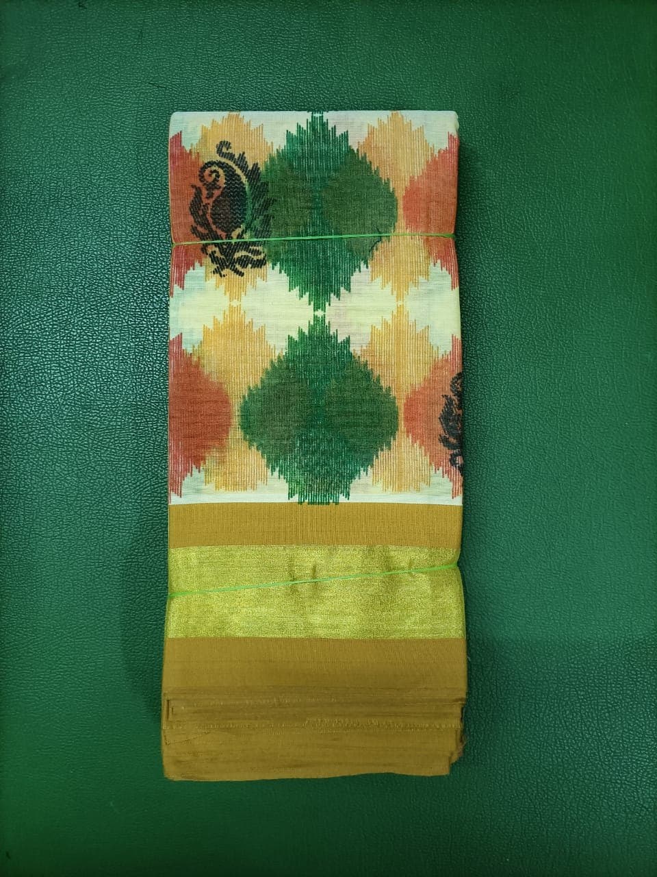 Multicolour Ikat Diamond Printed Cotton Saree with Mustard Border