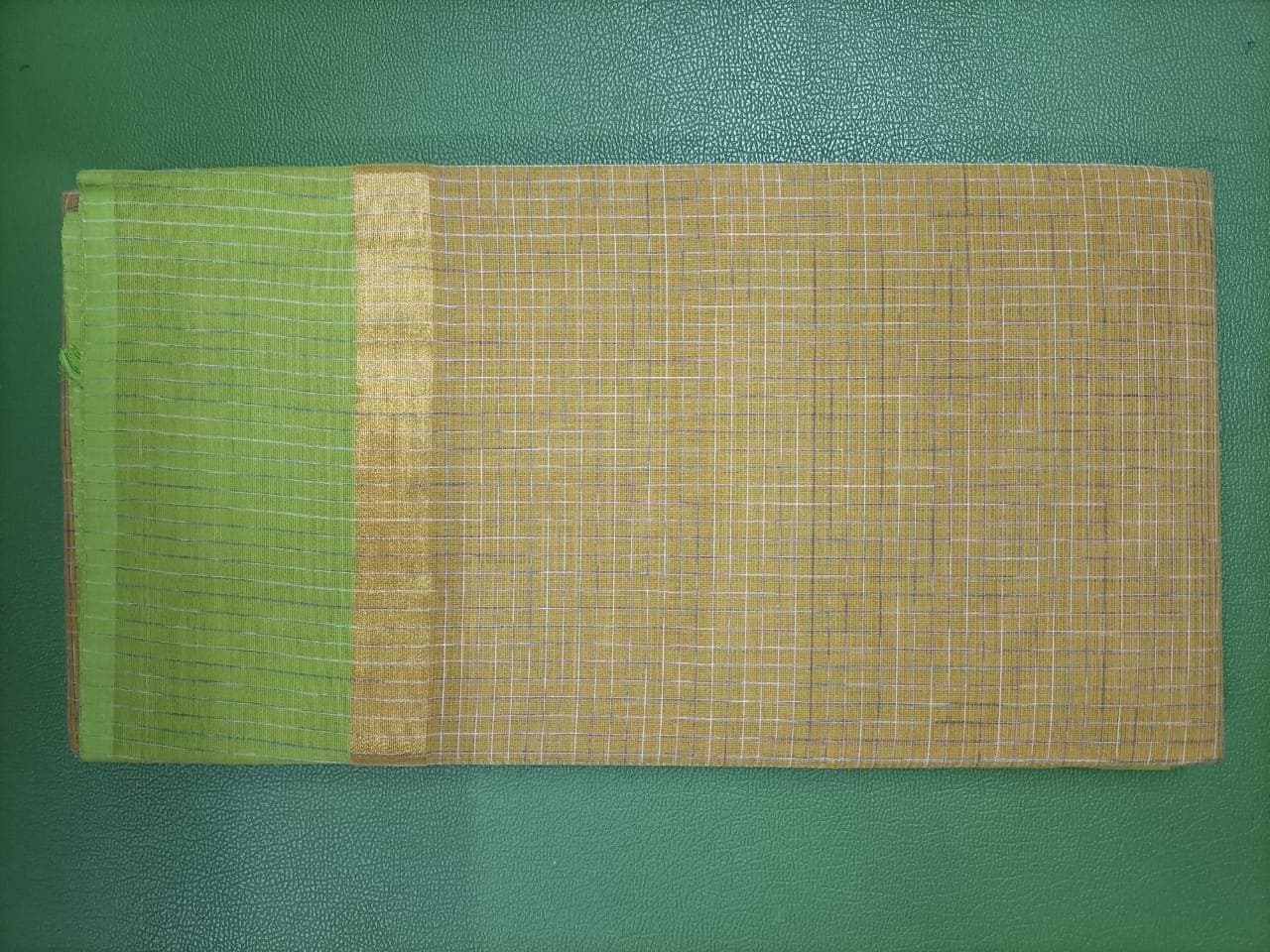 Beige Checked Cotton Saree with Green Zari Border