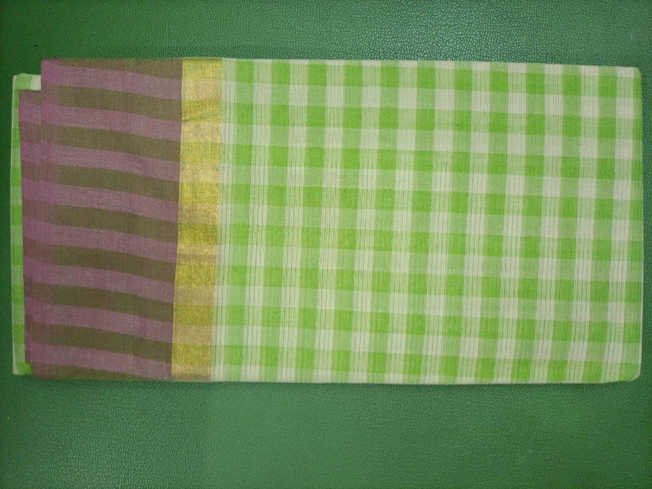 Green Gingham Check Cotton Saree with Mauve Striped Pallu