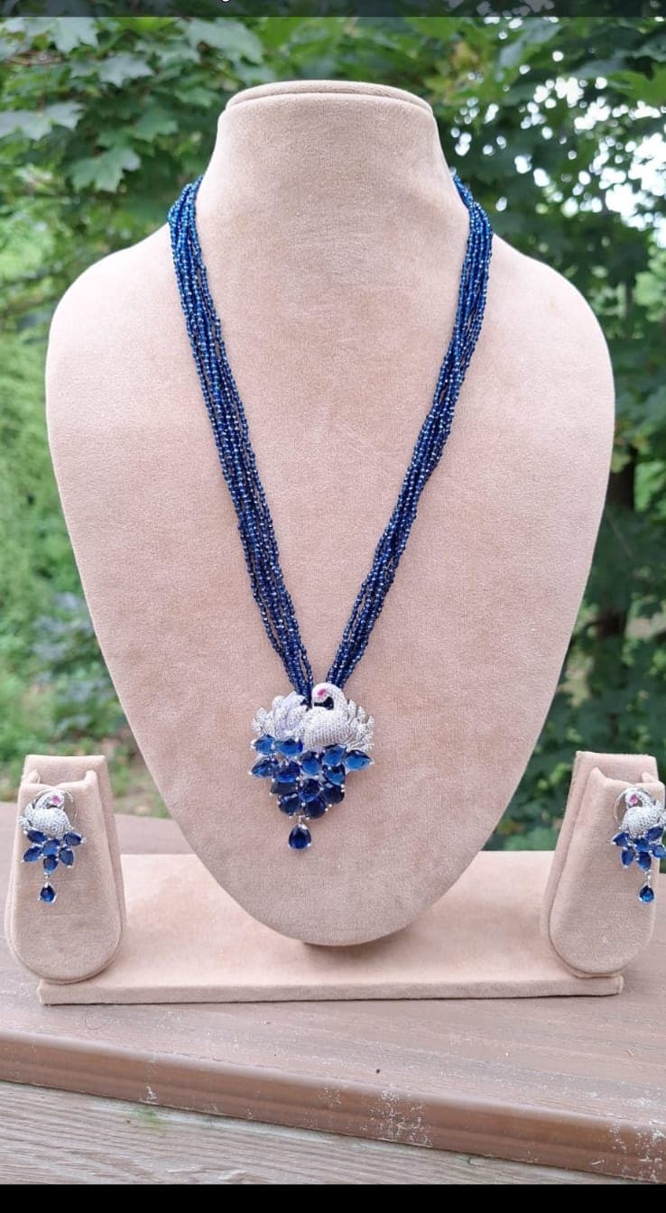 Blue Crystal Multi-Strand Necklace Set with Swan Pendant & Earrings