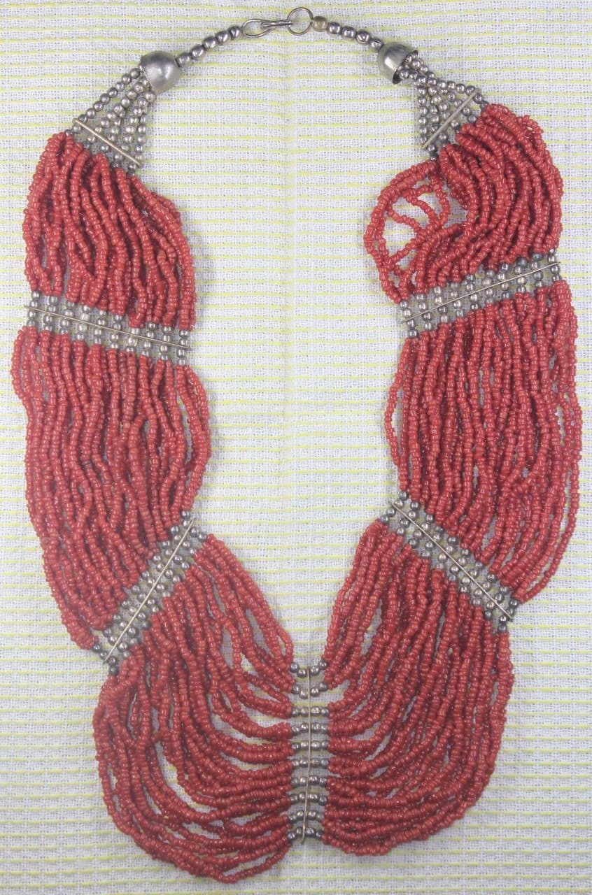 Handmade Red Seed-Bead Multi-Strand Necklace with Oxidised Spacers