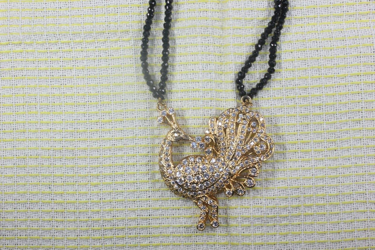 Gold Peacock Pendant on Black Crystal Bead Chain