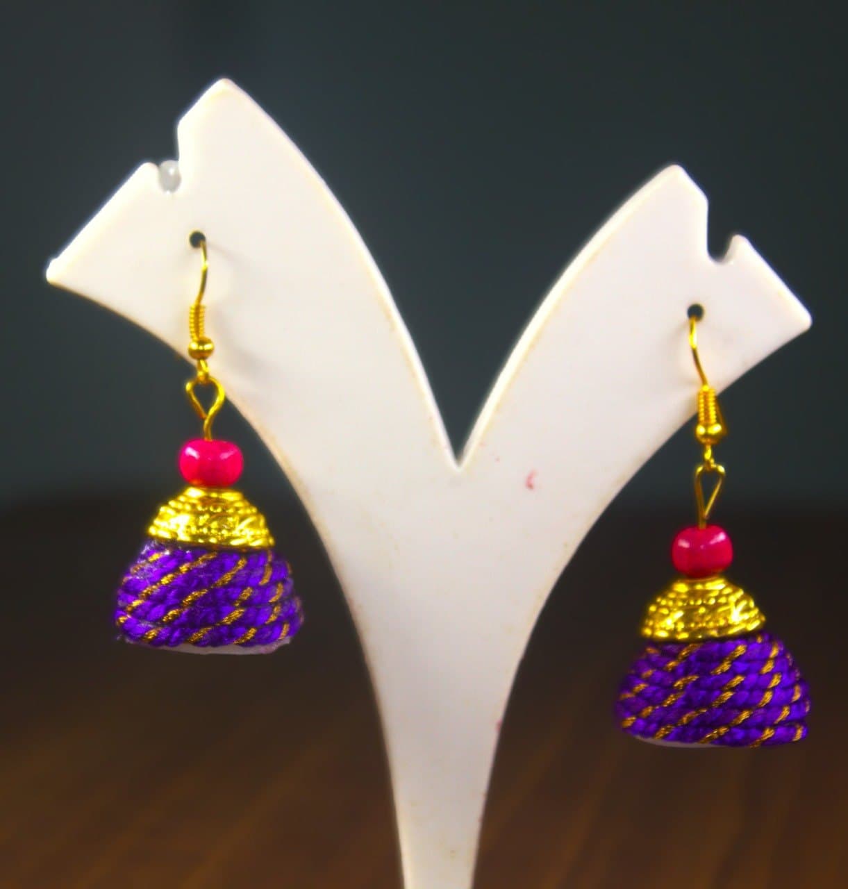 Purple Silk Thread Jhumkas with Red Bead & Gold Cap
