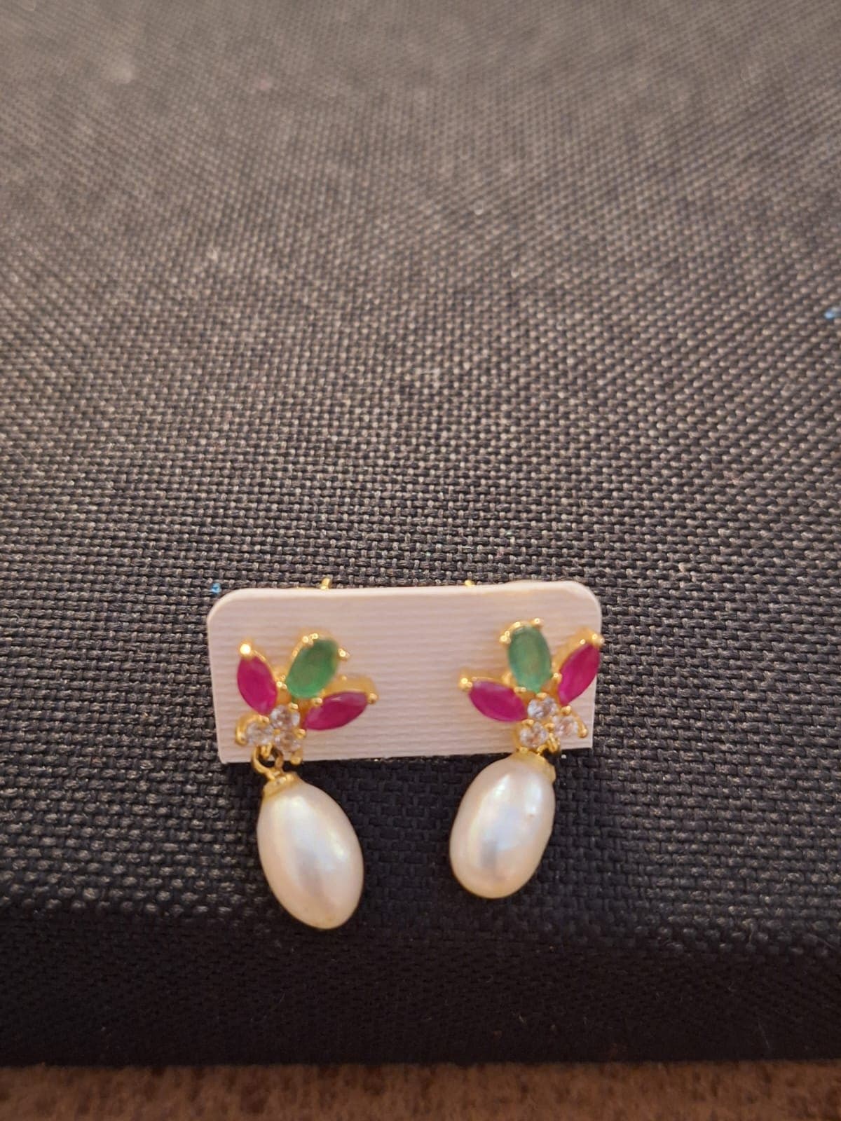 Emerald & Ruby Leaf Studs with Pearl Drop