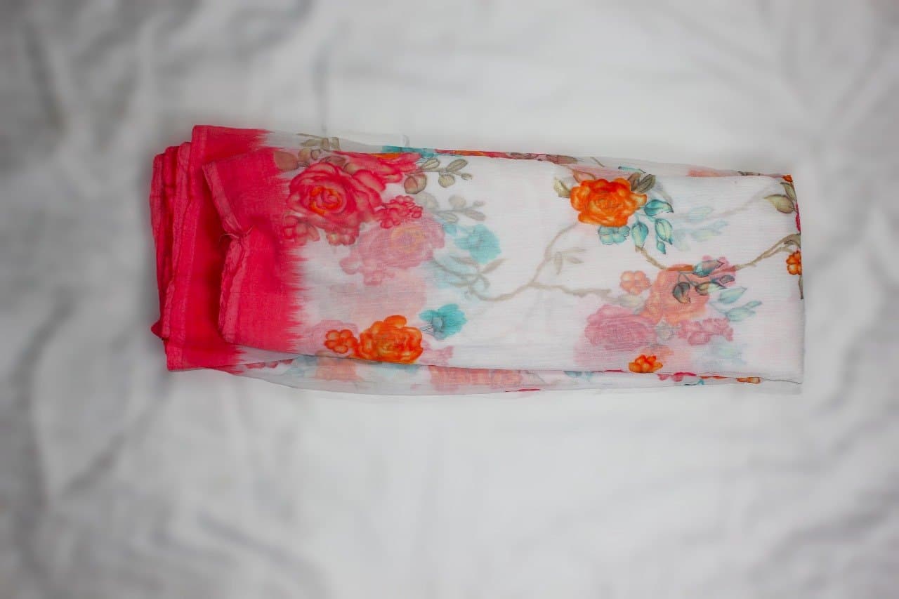 White & Pink Floral Printed Chiffon Fabric