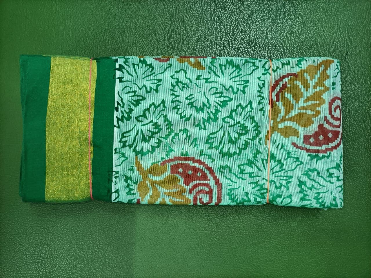 Mint Green Floral Printed Cotton Saree with Green Zari Border