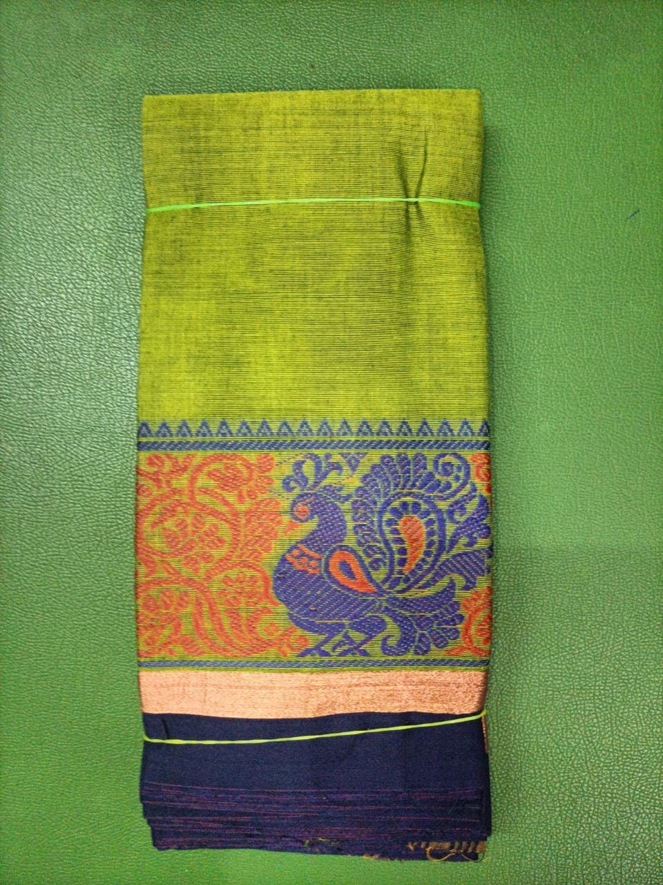 Lime Green Cotton Saree with Peacock Border & Navy Pallu