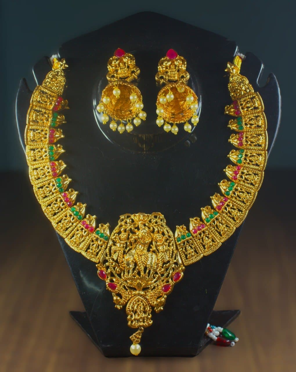 Antique Gold Temple Necklace Set with Deity Pendant & Jhumkas