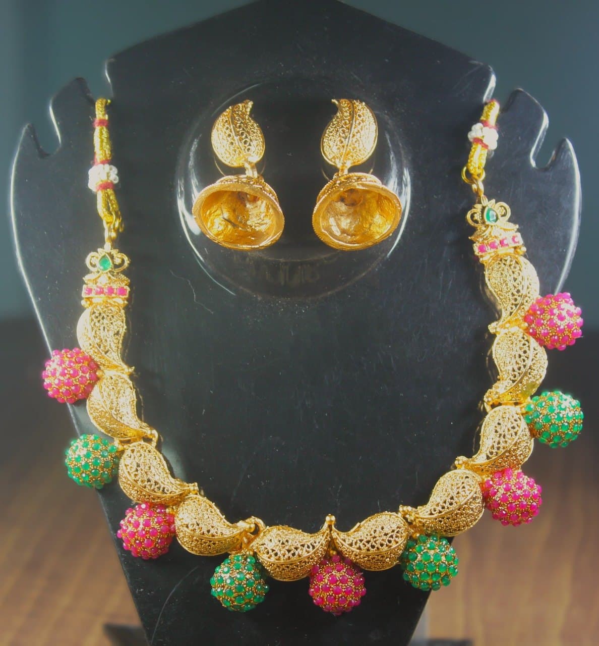 Gold-Plated Necklace Set with Stone-Studded Pink & Green Ball Drops