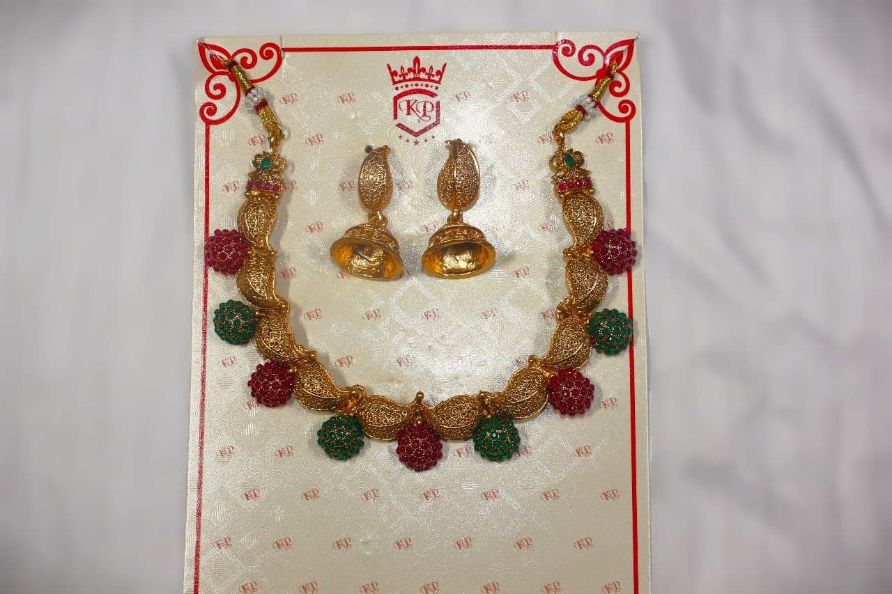 Gold-Tone Necklace Set with Red & Green Thread Balls & Jhumkas
