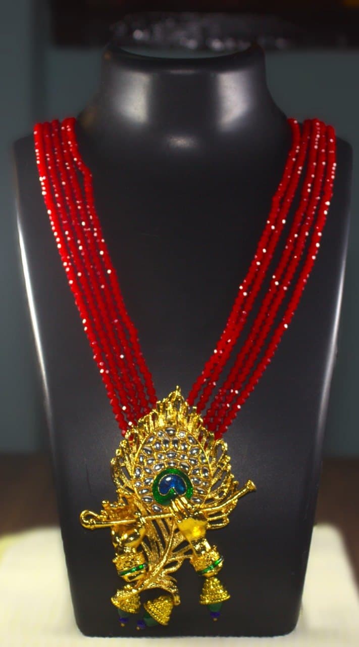 Red Crystal Multi-Strand Necklace with Krishna Pendant