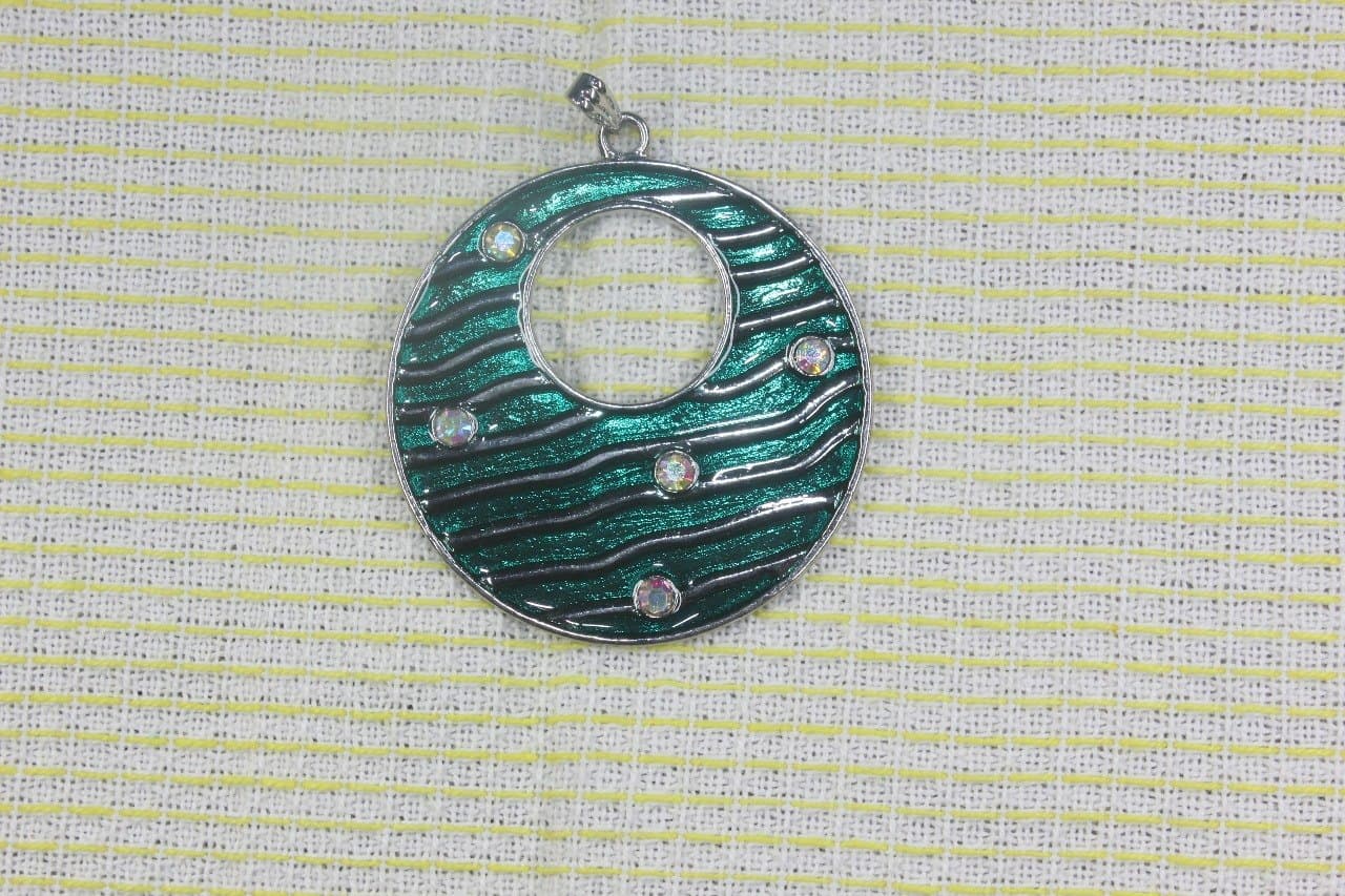 Green Enamel Oval Pendant with Crystals